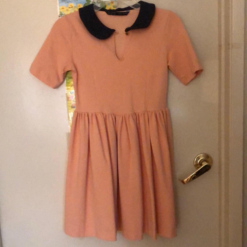 Peach Zara dress with dark blue Peter Pan collar